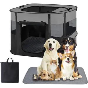Portable Dog Cat Playpen with Waterproof Pad,Collapsible Pet Puppy Kitten Crate,Foldable Small Animals Kennel Cage for Indoor Outdoor Travel Camping,Water-Resistant Breathable Shade Cover (Grey M)