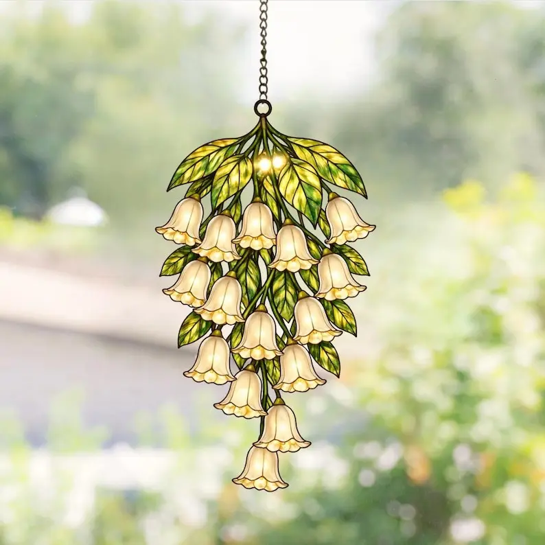 Lily of the Valley Cottagecore Hanging Window Suncatcher Ornament, Vibrant Faux Stained Glass Acrylic Panel, Perfect Aesthetic Garden Room Decor & Mother's Day Gift