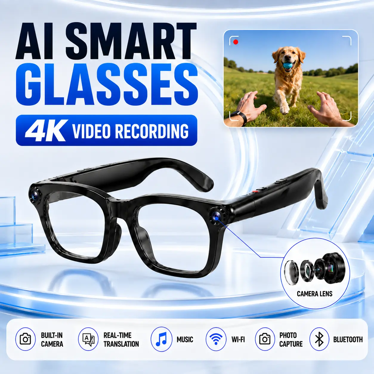 AI Smart Glasses - Wearable Sunglasses with Cameras, 4K Hands-Free Recording, 8MP AI Camera Glasses, 1080P Video, Photochromic Lenses, Real-Time Translation, Voice Assistant, Smart Wear Detection, Touch Button Control Pro, Back to School