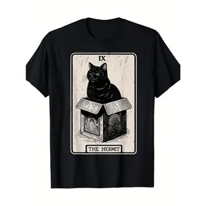 Mystic Cat In Box Hermit Tarot Card Design On Premium 100 Cotton 220g T-Shirt