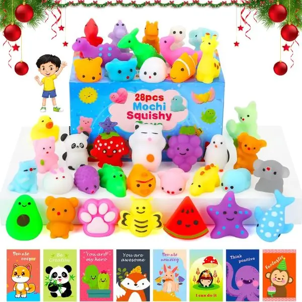 28-Pack Squishy Toys & Cards – Mochi Squishies for Kids, Party Favors, Classroom Prizes, Stress Relief Fidget Toys, Easter & Christmas Gifts