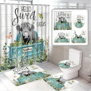 Hello Sweet Cheeks Shower Curtain Set, Adorable Bathroom Decor with Bath Mat, Toilet Mat, U-Shaped Mat, Perfect Gift for Friends and Family