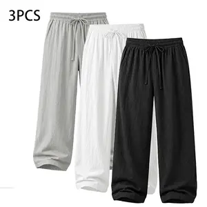 3-Pack 100% Cotton Linen Casual Pants Summer Athletic Quick-Dry Versatile Pants Non-Tight Fit Cooling Breathable Daily