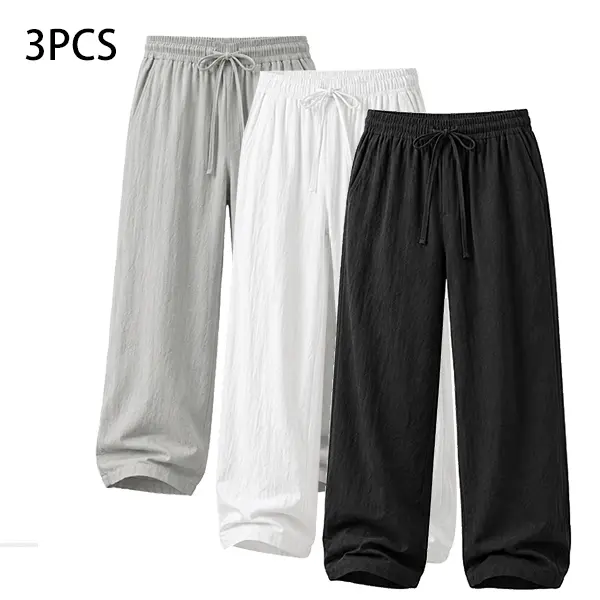 3-Pack 100% Cotton Linen Casual Pants Summer Athletic Quick-Dry Versatile Pants Non-Tight Fit Cooling Breathable Daily