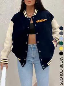 Women's Fall Winter New Baseball Jacket, Letter Print Casual Sporty Outerwear, Fitted Design, Hip Hop Style, Suitable for Daily Wear