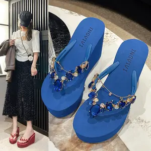 Women's Rhinestone Wedge Flip Flops Ultra High Heel Bling Summer Beach Sandals wide feet
