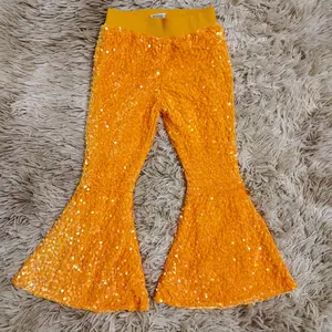 Orange elastic waist sequin flare pants with lining girls boutique bottoms
