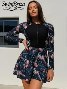 Briza｜Swimdress One Piece Swimsuit For Women In Black Tropical Print With Long Sleeve Swim Shirt Bathing Suit For Vacation Swimwear For Women And Bathing Suits For Women With Tummy Control Swimwear, Bathing Suits Flattering For Tummy