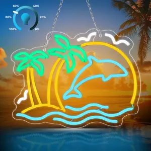 SERBASIC Palm Tree & Dolphin Neon Sign for Wall Decor, 5-Level Adjustable Brightness, USB Powered, Energy-Saving, Tropical Style LED Light for Bedroom, Living Room, Bar, Festival, Party, Birthday, Wedding, Gifts