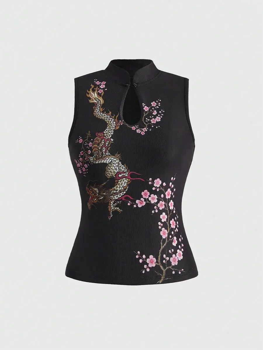 MARIBEL Spring/Summer Chinese Style Flame Dragon & Peach Blossom Print Women Tank Top