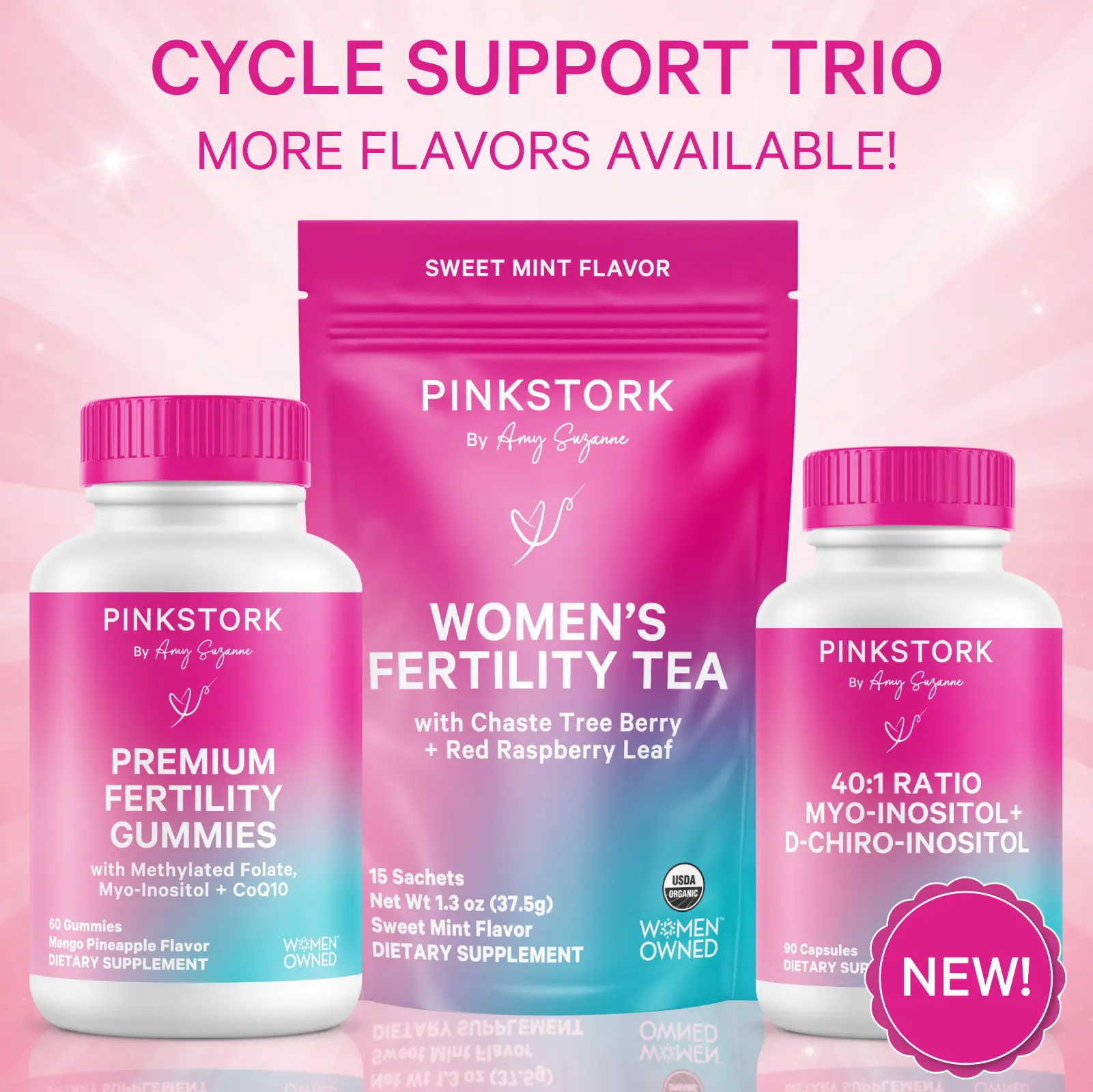 Pink Stork Cycle Support Trio | USDA Organic Red Raspberry Leaf + Vitex | 40:1 Ratio Inositol | Fertility Gummies with CoQ10 + Methylated Folate
