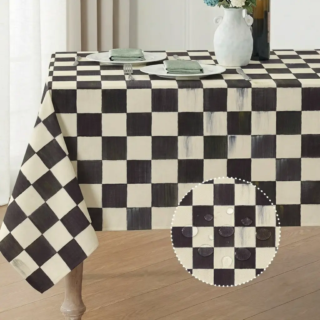 Mackenzie Childs Courtly Check Rectangle Tablecloth Waterproof Linen Textured Table Cloth Stain and Wrinkle Resistant Washable, Decorative Fabric Table Cover