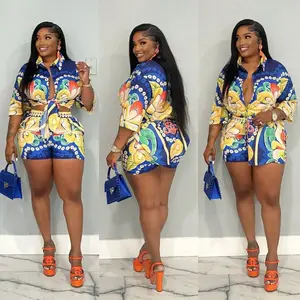 Summer Autumn Clothes 2025 New Summer Printed Shirt Shorts Casual Suit Blue and White Patchwork Women Matching Suits Womenswear Check Light Gamis Fitted Long Sleeve Style