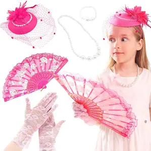 LaVenty 4 PCS Pink Tea Party Necklace, Hats, Supplies and Favors for Kids