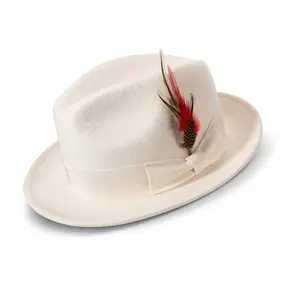 White Beaver Look Felt Fedora Hat 2 1/4 Brim Pinch Crown Feather Band