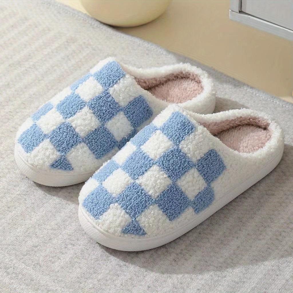 Women's Stylish Easy Checkered Fuzzy Slippers, Indoor Comfort with Thick, Soft, Warm, Silent Non-Slip Soles, Suitable for Couples