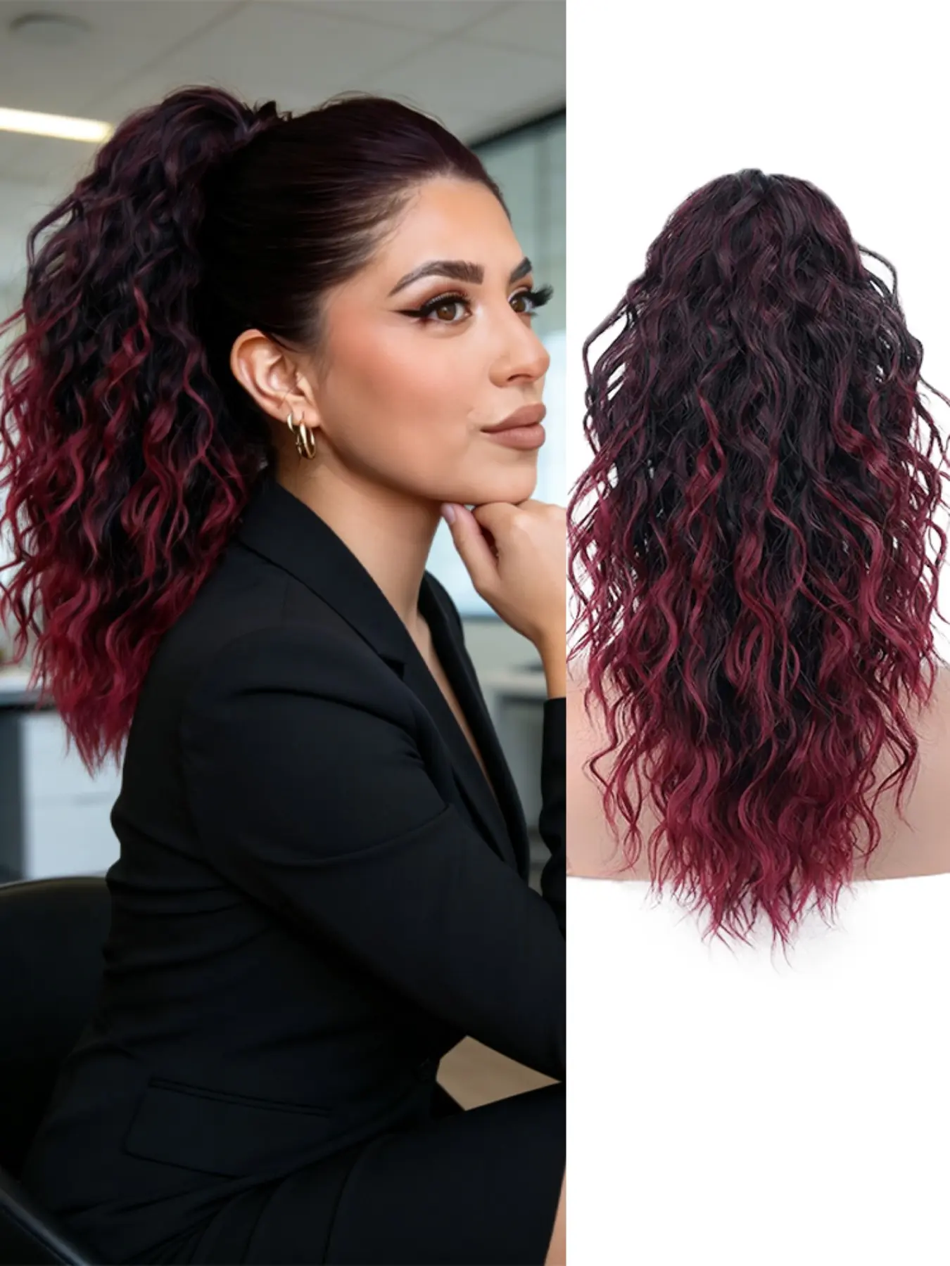 18 Inch Ombre Burgundy Ponytail Extension, Wavy Curly Claw Clip, Wavy Curly Ponytails, Short Synthetic Wig for Women, Natural Fake Ponytail Hairpiece, Synthetic Fiber Hairpieces