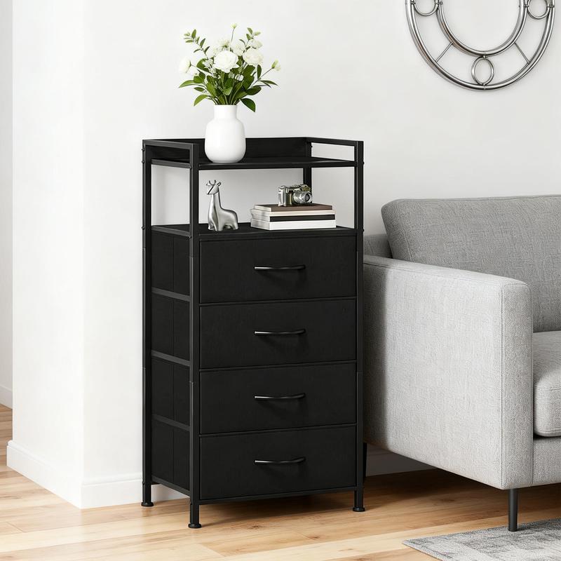 Bedside Table, Side End Table with 4 Fabric Storage Drawers, Bedside Cabinet with Open Storage Shelf, Nightstand for Bedroom, Livingroom, Office, 41 * 29 * 83.5Cm, Black
