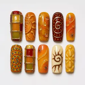Retro Sunburst Press On Nails, Autumn Nails, Short, Y2K Orange Brown Swirl Nail Set, Handmade Funky Aura Nails, Celestial Nails