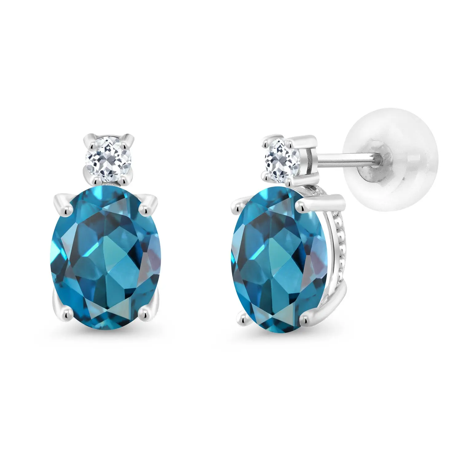 Gem Stone King 14K White Gold Gemstone Birthstone and White Topaz Stud Earrings For Women | Oval 8X6MM | Round 2.5MM | Elegant Two-Stone Design | Classic Fine Jewelry Earrings