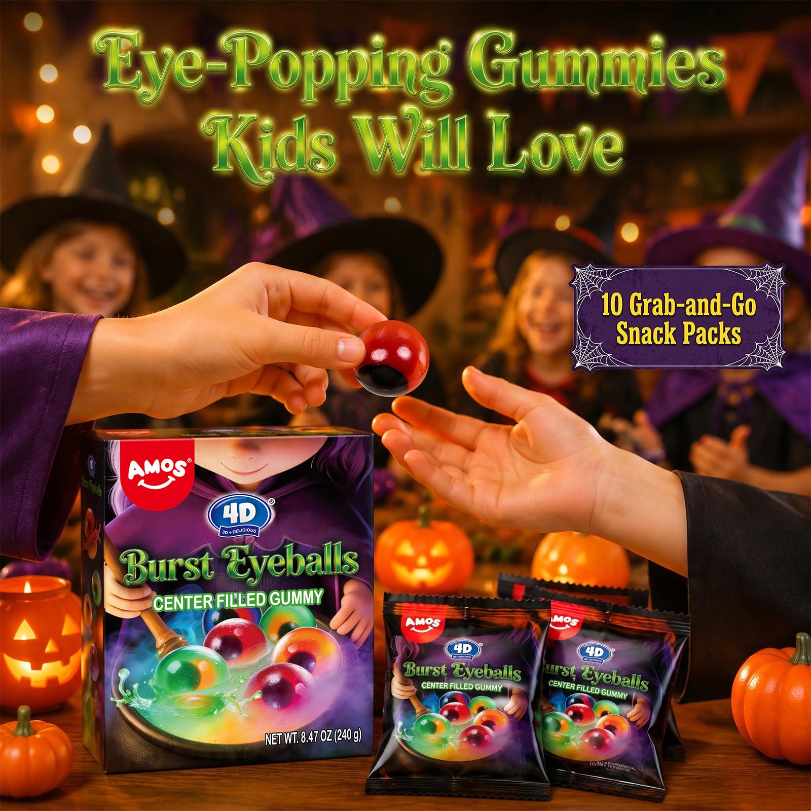 AMOS Halloween Gummy Candy Trio, 3 x 240g Boxes, 4D Burst Eyeballs Center-Filled Gummies, Peelerz Zombie & Body Parts, Party Treats, 720g Total, Gift Pack!