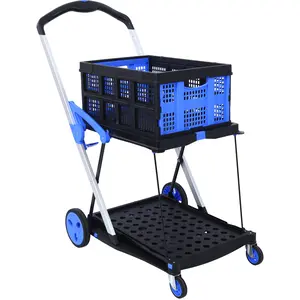 2-Tier Multi-Use Collapsible Utility Cart with Baskets, Grocery Cart, Mobile Folding Trolley with Collapsible System, High Loading Capacity, ft Brake, Blue, Built-In Basket, Foot Brake