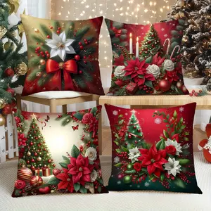 4pcs, Christmas throw pillow cases, modern style, red background, Christmas tree print, suitable for living room decoration, Christmas decoration, one-sided print, pillow insert not included