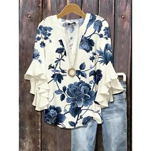 Elegant Women's Plus Size Butterfly Sleeve Top, Slim-Fit Long Flower Blouse with Chest Buttons, All-Season Fashionable Design