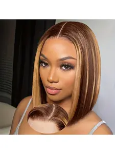 13x4 HD Lace Front Bob Wig, Lace Frontal Wig, Glueless & Pre-Plucked Hairline P4/27 Ombré Brown & Honey Blonde 180% Density Short Straight Style Blend of Human Hair & Heat-Resistant Synthetic Fibers Unisex Design Natural-Looking Parting