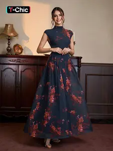Parthea Floral Print A-Line Dress, Slim-Fitting High Neck, Elegant and Comfortable, Perfect for Casual or Formal Occasions, Womenswear