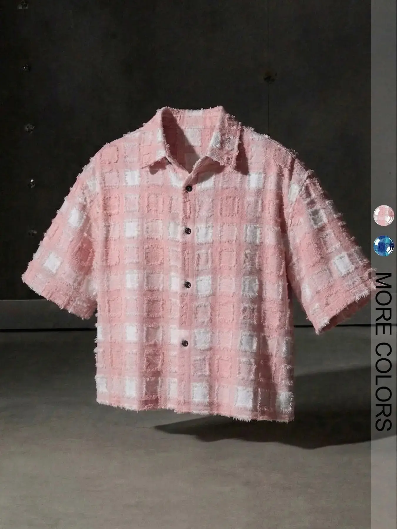 American Faux Fur Gradient Plaid Checked Oversized Short Sleeve Shirt, Unisex Summer Design, Breathable Unique Texture Open Front Jacket, Casual Style