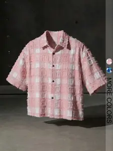 American Faux Fur Gradient Plaid Short Sleeve Shirt, Unisex Summer Design, Unique Texture Open Front Jacket, Casual Style