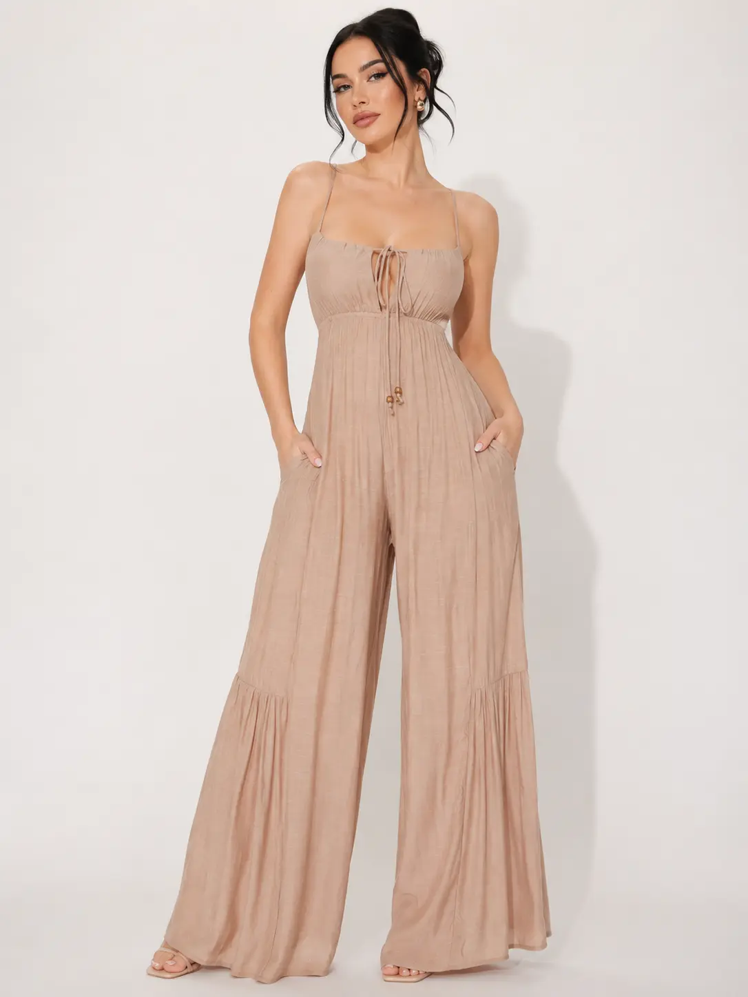 Women’s Mocha Gauze Jumpsuit Adjustable Strap Tie Front Wide Leg Vacation Outfit