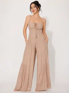Women’s Mocha Gauze Jumpsuit Adjustable Strap Tie Front Wide Leg Vacation Outfit