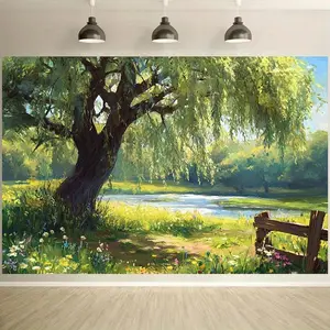 Summervibes 1pc Durable Polyester 2D Flat Banner Backdrop - Serene Landscape with Dense Trees, Wooden Fence, Vibrant Meadow, Flowers, River Scene for Weddings, Birthdays, Spring Festivals - Home & Festive Party Supply, Birthday