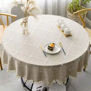 Solid color home tassel home decoration tablecloth, 1 piece modern round plaid tassel tablecloth, restaurant kitchen party holiday party decoration tablecloth, dining table decoration supplies