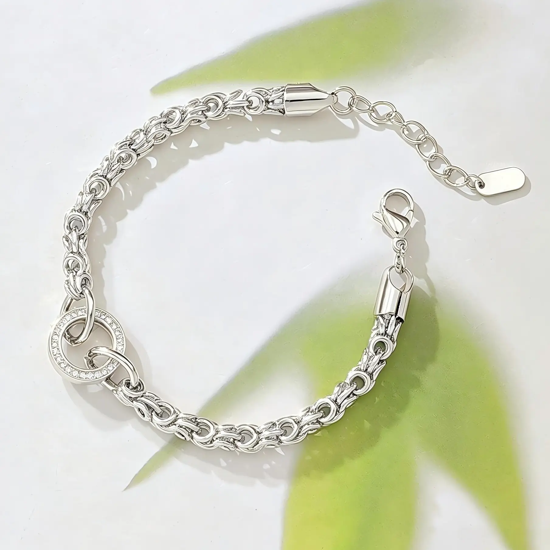Silver Plated Double Interlocked Circle Figaro Chain Bracelet for Women, Paved CZ Hollow Ring Charm Wrist Bracelet with Extension Chain, Tarnish Resistant Stackable Minimalist Fashion Jewelry Gift for Her