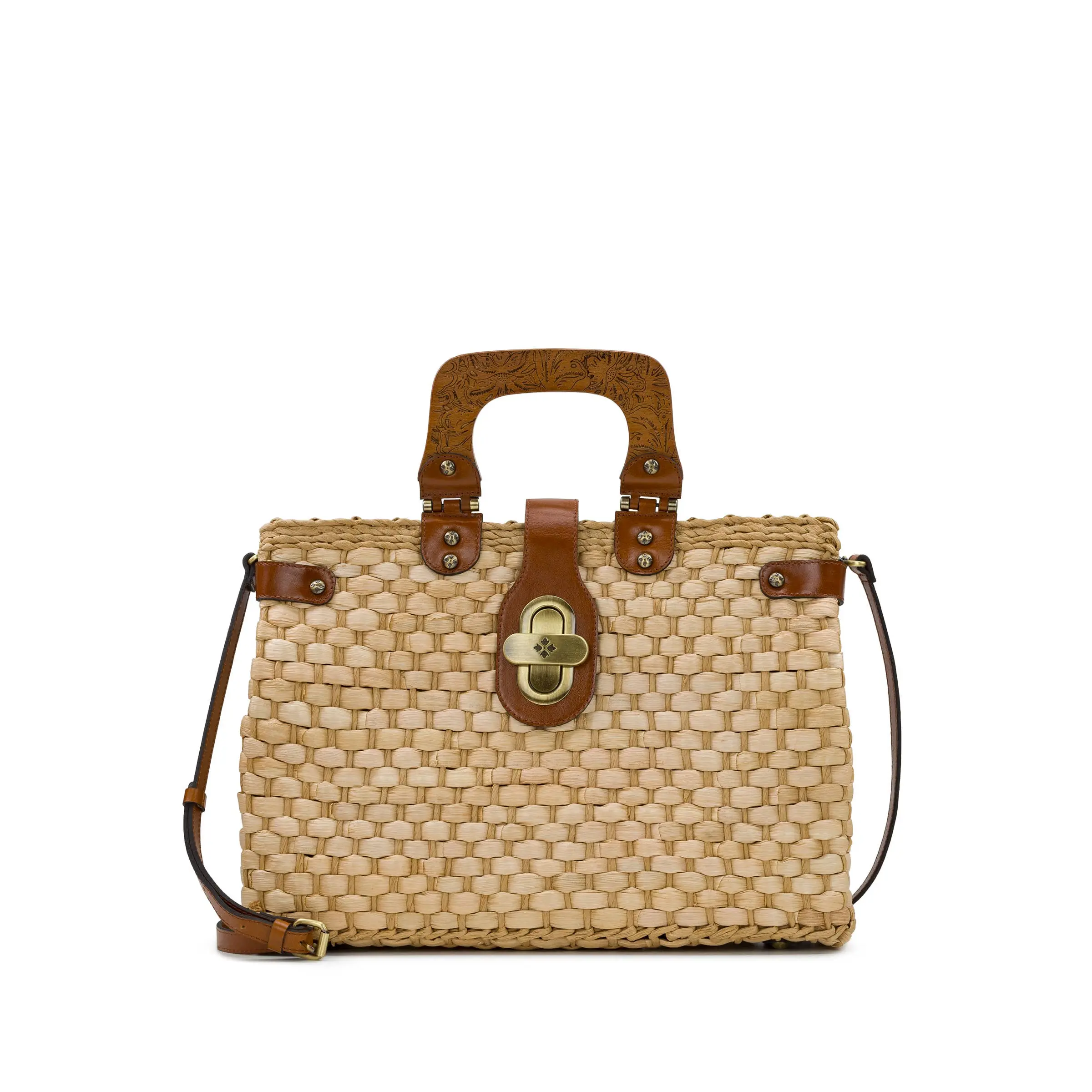 Patricia Nash Valpiana Satchel, Women's Elegant Woven Raffia Handbag with Leather Trim, Wood Handles, and Turn-Lock, Masterful Design, Fashionable Bags, Folk Women's Handbags, No