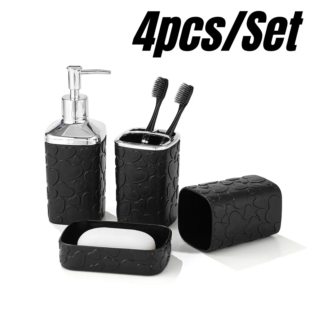 4pcs/Set Black Pattern Tray Resin Bathroom Set Toothbrush Holder Soap Dispenser Soap Dish Bathroom Accessories Set Bathroom Essentials Accessories Home Decor Bathroom Organizer Bathroom Necessities Bathroom Accessory Set Bathroom Organization