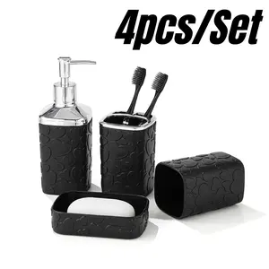 4pcs/Set Black Pattern Tray Resin Bathroom Set Toothbrush Holder Soap Dispenser Soap Dish Bathroom Accessories Set Home Decor Bathroom Organizer