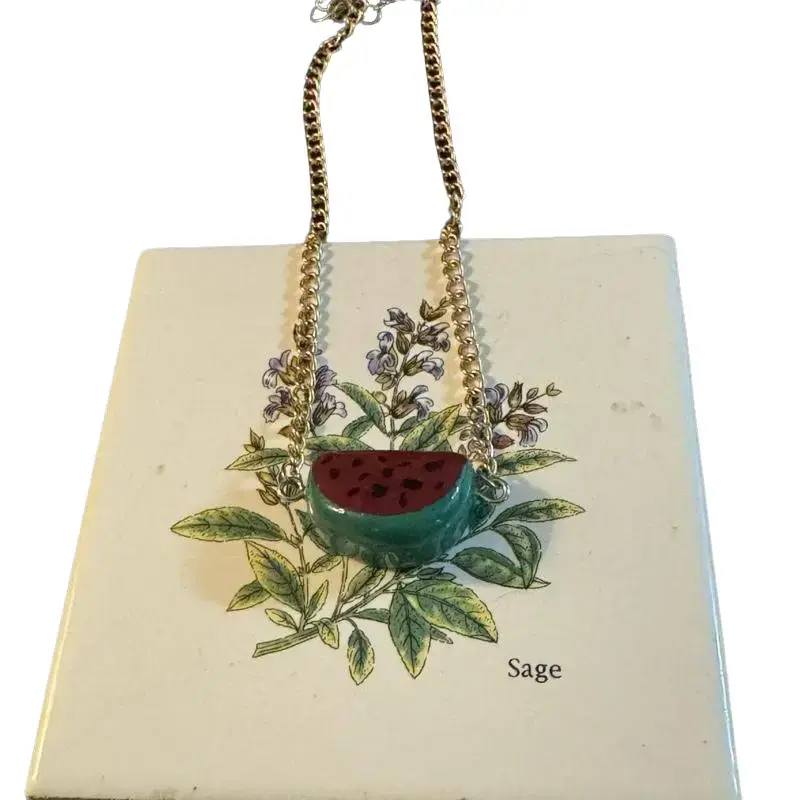 Autumn's Purple Door Polymer Clay Red and Green Watermelon Choker Style Necklace with Nickel Free Chain