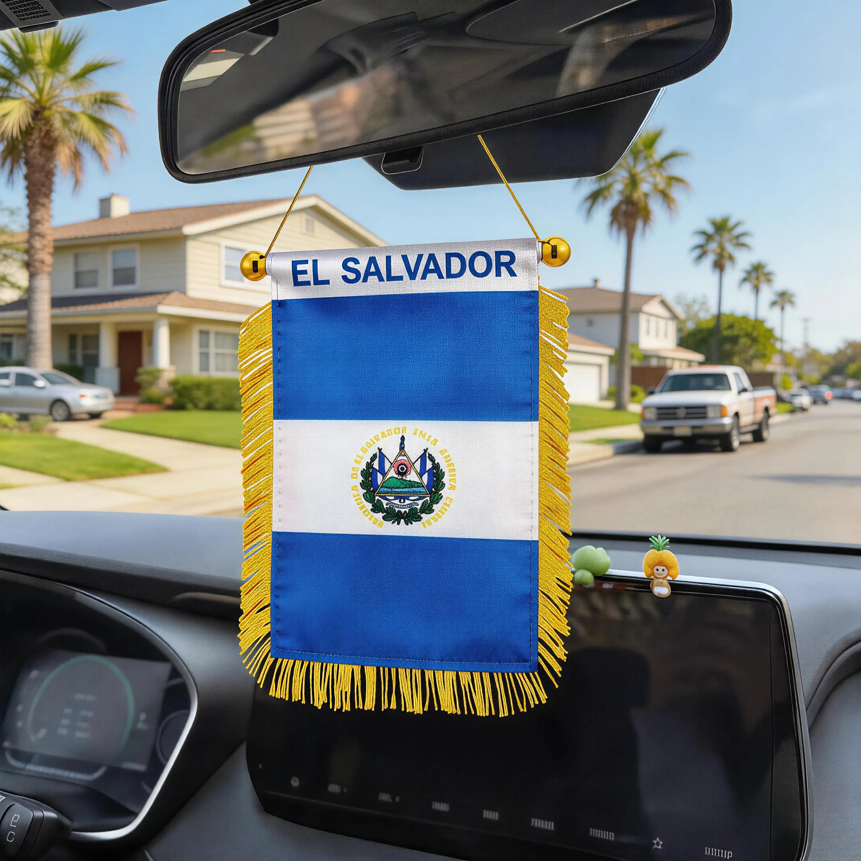 4x6 inch El Salvador Mini Flag Banner, Double-Sided Silk Satin Car Interior Decoration with Gold Fringe Flair, Suction Cup, Double-Stitched Durability for Festive Independence Day, Car Rearview Mirror