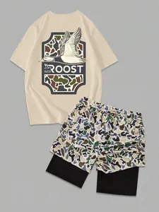 Men Camo Print Tee & Shorts 2-Piece Set