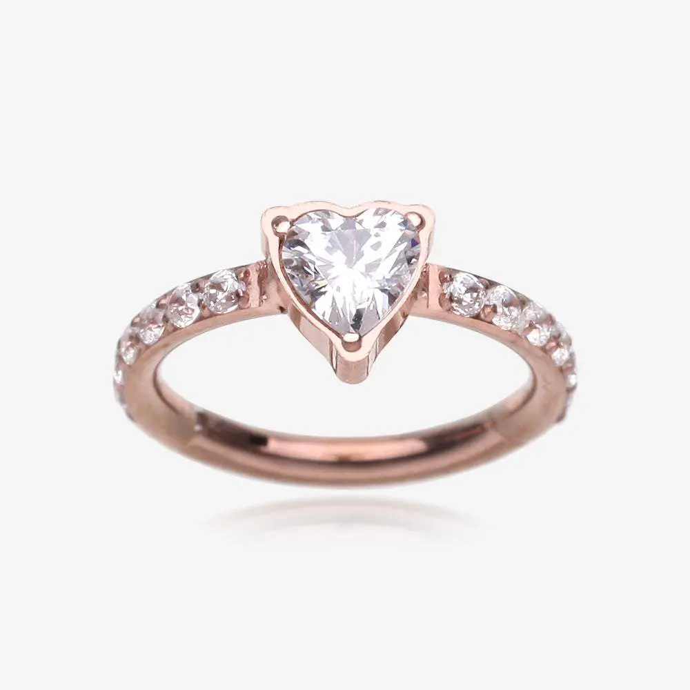 Implant Grade Titanium Rose Gold Heart Sparkle Multi-Gem Rimmed Seamless Clicker Hoop Ring for Daily Wear Elegant Unisex Piercing Jewelry