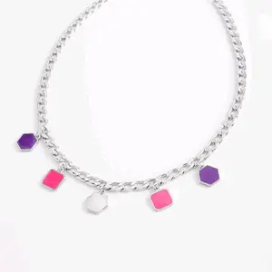Rhodium plated necklace with geometric fuchsia and purple charms