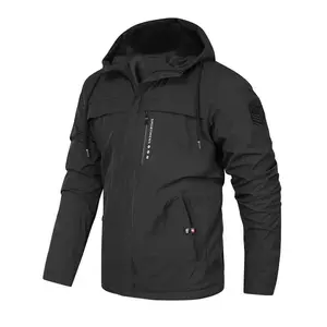 Men's multi-pocket hooded soft shell jacket, fashionable printed windbreaker jacket suitable for training and outdoor use, perfect for fashionable sportswear and casual wear. Menswear Coats Tops Long Sleeve Operator Beige