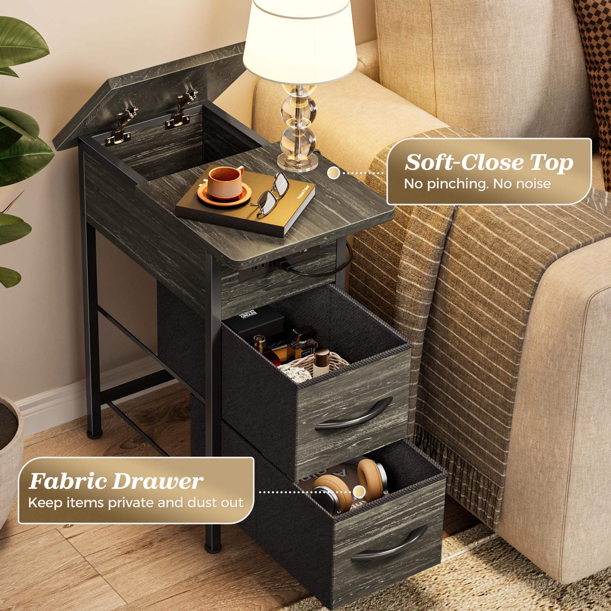 Huuger Narrow End Table with Charging Station, Flip Top Side Table with 2 Fabric Drawers, Slim Night Stand with USB-C Port for Small Spaces, Nightstand Bedside Couch Table, Living Room Huuger Narrow End Table with Charging Station, Flip Top Side Table with 2 Fabric Drawers, Slim Night Stand with USB-C Port for Small Spaces, Nightstand Bedside Couch Table, Living Room