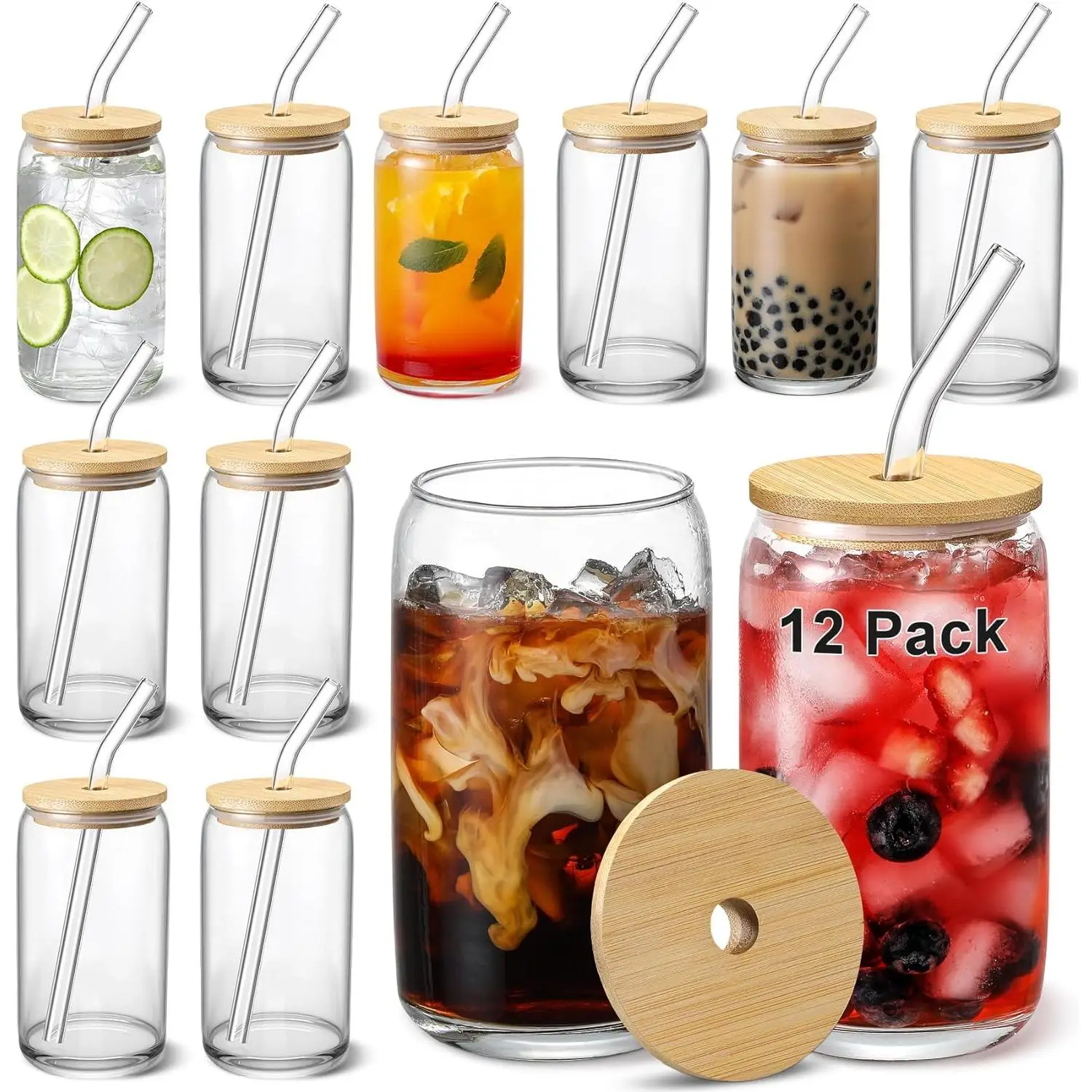 [ 4-12pcs Set ] Glass Cups with Bamboo Lids and Glass Straw - Beer Can Shaped 16 oz Iced Coffee Drinking Glasses, Cute Tumbler Cup for Smoothie, Boba