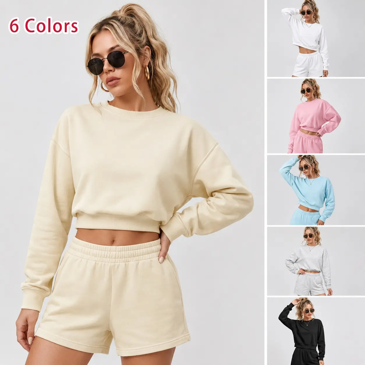 Women’s Casual Long Sleeve Sweatshirt and Shorts Set, Relaxed Two-Piece Lounge Outfit with Crew Neck Pullover and Drawstring Shorts for Spring, Summer and Fall