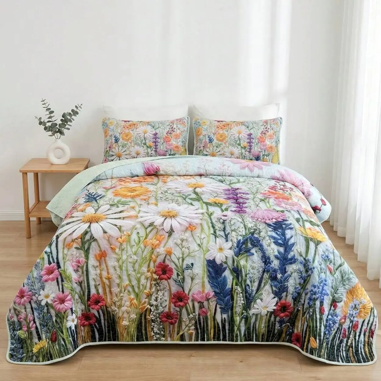 2/3PCS Floral Heart Bohemian Sunflower Quilt Set,Bedspread, Lightweight, Machine Washable, Easy Care, Multiple Sizes Available